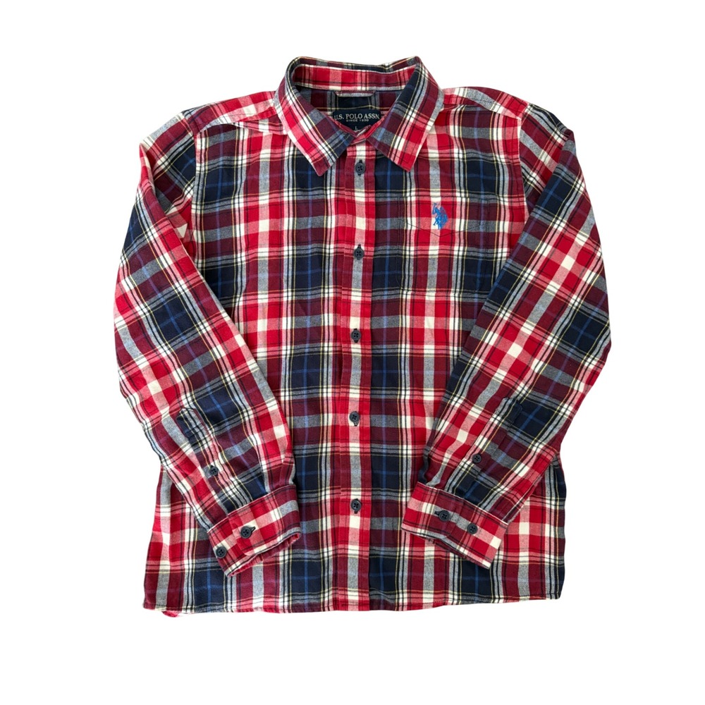 US Polo Assn Boys Red Navy Plaid Flannel Button Down Shirt L 10-12